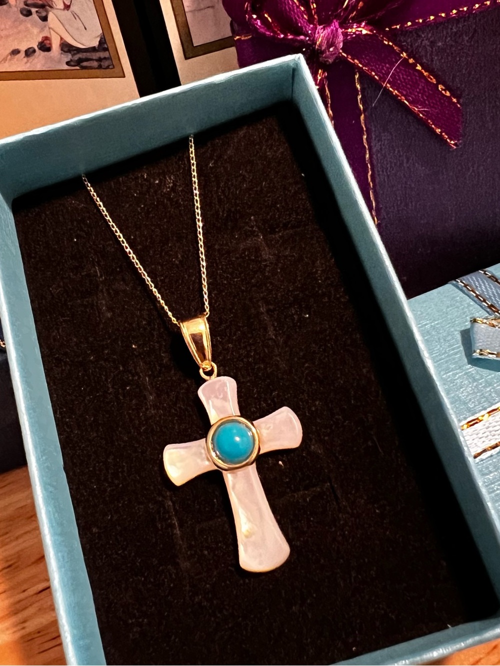 14k Gold Cross Pendant
Necklace with Mother of Pearl and Turquoise